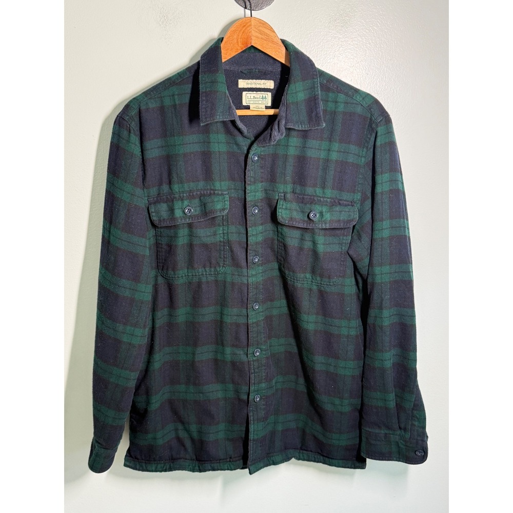 LL Bean Mens Flannel Shirt Jacket Black Watch Plaid Fleece Lined Green Navy M